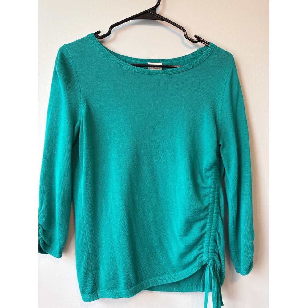 CHICOS‎ Teal Green Ruched Side Tie Knit Sweater Top Classic Work Size 0 Small